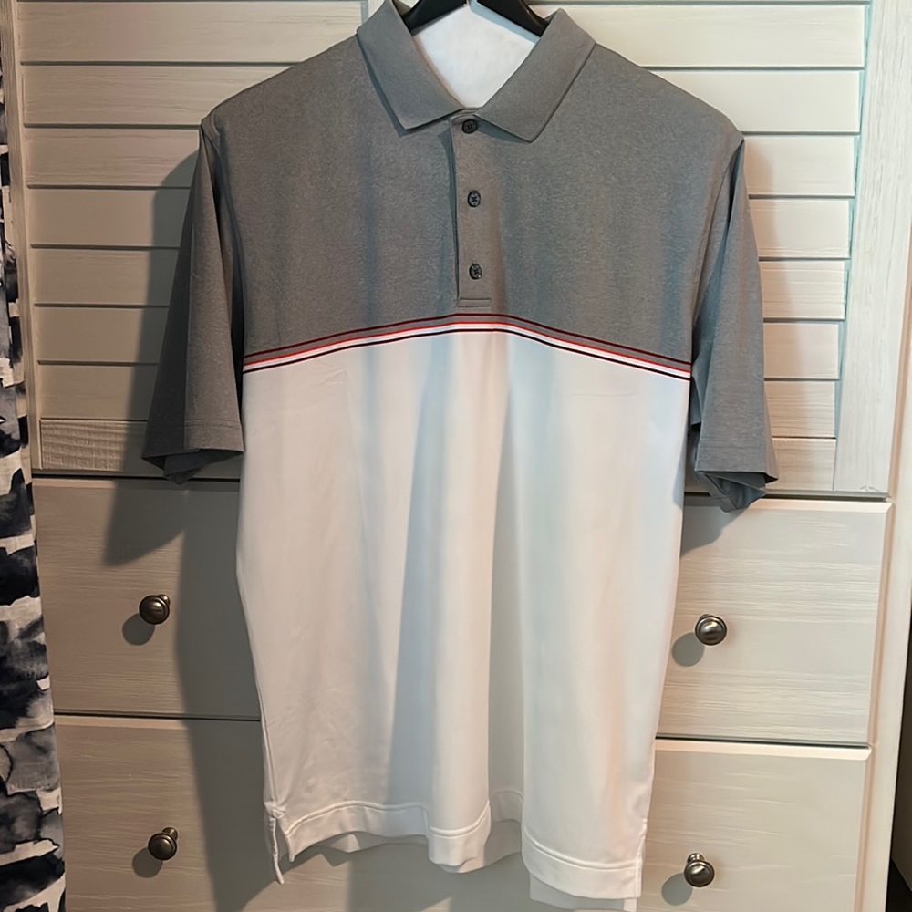 Men’s XL FootJoy Golf Polo in Gray and White with Red and Orange Stripes